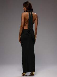 MUSERA 优雅正式露背系带前襟深V露肩侧边直筒修身长裙，可爱性感优雅，适合春夏度假旅行婚礼宾客秋季约会之夜等场合。 - 黑色 - 查看 3