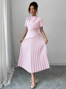 Selianne 女士褶皱系带裹身休闲连衣裙，适合通勤和度假，春夏季 - 粉色 - 查看 5