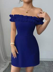 Elenzga 荷叶边 V 领腰部合身浪漫女式连衣裙 - 寶藍色 - 查看 4