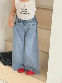 SHEIN Young Girl Cute Butterfly Casual Wide Leg Jeans, Spring And Summer Casual Vacation Country Boho Wear - Light Wash - View 2