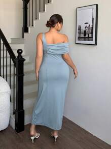 Dazy Plus Plus Size Asymmetrical Strapless Wrap Solid Color Maxi Slit Dress,Formal Women Dresses - Baby Blue - View 2