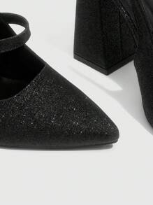 CUCCOO BIZCHIC Women's Fashion Black Glitter Thick Heel Pointed Toe Strap Pumps, Basic & Simple Design - Black - View 5