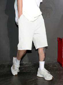 Manfinity Hypemode Men's Loose Fit Letter Patch Detail Drawstring Waist Shorts, Streetwear - White - View 3