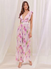 L'Amorae Bộ đồ liền thân bằng vải satin xếp ly họa tiết hoa màu hồng dành cho nữ, cổ chữ V sâu, buộc dây sau lưng và ống quần rộng - Nhiều màu - Xem 4