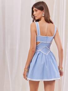 L'Amorae Váy mini khoét lỗ màu tương phản thanh lịch mùa hè - Màu xanh lam - Xem 4