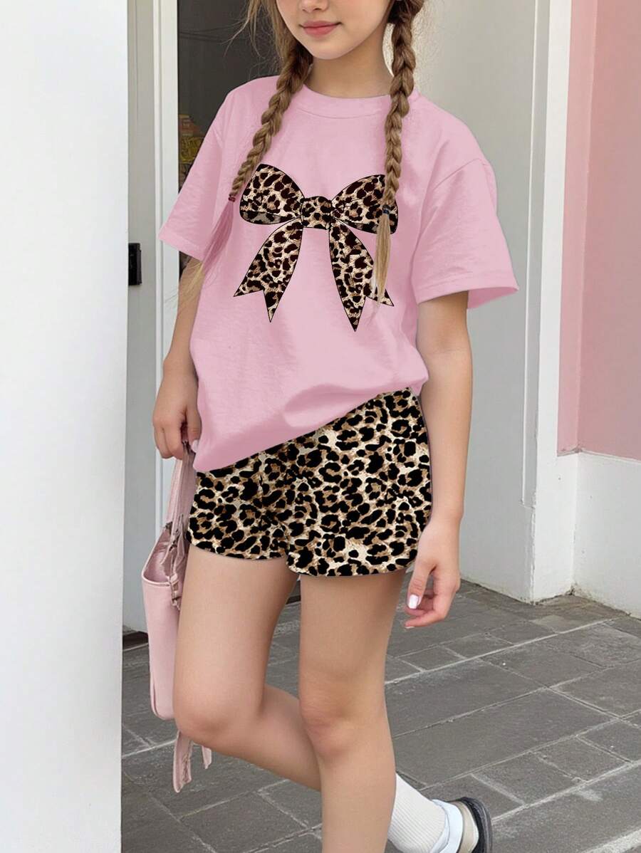 SHEIN 青少年女孩休闲简约短袖上衣和短裤套装，适合夏季 - 彩色 - 查看 1