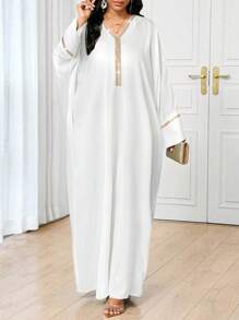 SHEIN Lady V-Neck Gold Hot Diamond Details Black Modest Dress - White - View 1