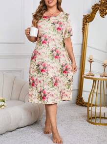 SHEIN 加大码优雅花卉印花夏季睡裙娃娃裙完美夏日，Moo Moo 睡裙 - 彩色 - 查看 3