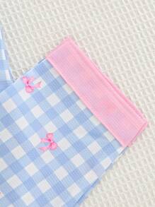 Set de 2 piezas de chica joven con estampado de cuadros, cárdigan de manga corta con moño y pantalones, conjunto de ropa para el hogar - Multicolor - Ver 4