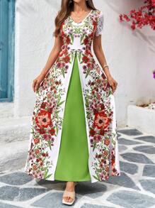 SHEIN Clasi V领收腰阳光印花长款度假连衣裙 - 彩色 - 查看 5