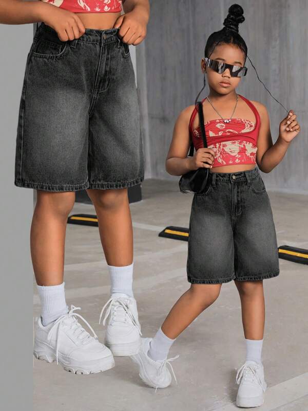 SHEIN Pantalones cortos vaqueros de cintura alta y pierna ancha, estilo casual y lavado retro de los 2000, para niñas preadolescentes. Ropa de verano, atuendos de vuelta al colegio, ropa de calle, shorts bohemios de playa, ropa para conciertos, bicicleta y festivales, outfit para graduación