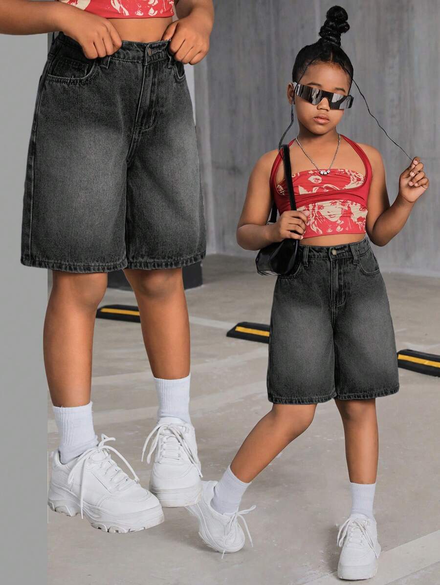 SHEIN 青少年女孩 Y2K 2000 年代复古水洗休闲高腰宽松休闲牛仔阔腿及膝牛仔裤短裤，女孩夏季服装返校街头服饰，海滩波西米亚风演唱会骑行短裤狂欢节，毕业典礼 - 黑色 - 查看 1