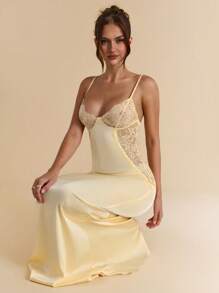 SHEIN BAE 优雅春夏纯红色蕾丝拼布缎面连衣裙，红色连衣裙，婚礼派对伴娘礼服，优雅连衣裙 - 紅色 - 查看 6