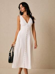 Poéselle 女士连衣裙 亚麻白色连衣裙 长款连衣裙 后腰系带 女士纯色 V 领单排扣无袖休闲长裙 夏季女士连衣裙 夏季连衣裙 太阳裙 波西米亚风夏装 夏季女装 Y2k 乡村音乐会服装 节日服装 商务休闲女装 - 白色 - 查看 1