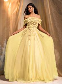 Glamrae 优雅奢华 3D 花卉刺绣蕾丝网布拼布蓬松舞会礼服长裙，适合婚礼、派对、约会、舞会、宴会（重绣版） - 淡黃色 - 查看 4