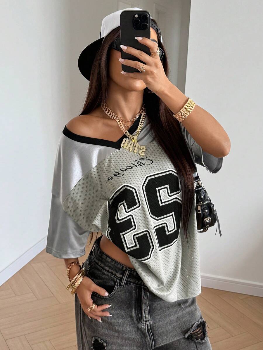 StreetHx Áo thun lưới phong cách đường phố số lớn Y2K Casual Sports - Xám - Xem 1