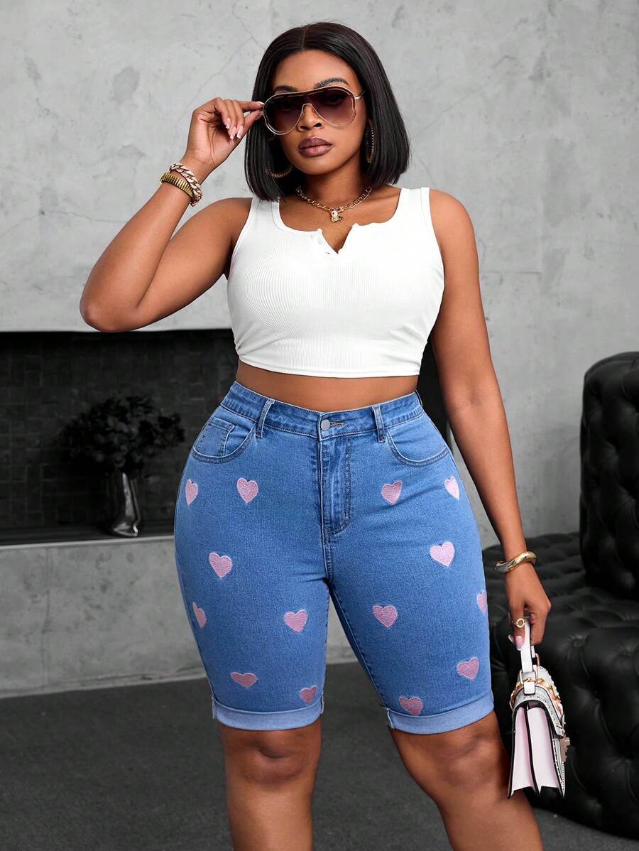 SHEIN SXY Autumn Women Plus Size Shorts With Heart Embroider  Autumn Outfits For Women Festival Outfits Biker Shorts  Elegant  Cacual Love Embroidery  Biker Shorts - Blue - View 1