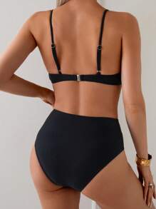 Shapewave New Summer Holiday Push-Up Padded Chainlink Strap Spaghetti Strap Bikini Set With High-Waist Solid Color Swimwear - Black - View 2