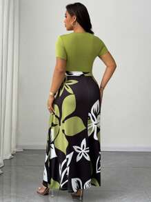 Celure Plus Size Women Botanical Print Round Neck Short Sleeve Dress, Holiday Style