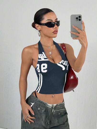 StreetHx 街头风女装时尚撞色98数字字母印花深V领露背上衣