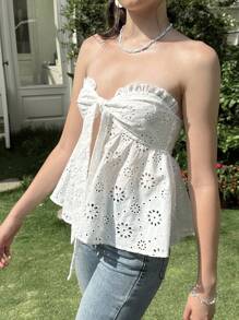 SHEIN EZwear Women's Summer Leisure Vacation Sweet Embroidery Fabric Front Tie Pure Desire Style White Tube Top Slit Top - White - View 4