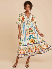 Travachic Woven Print Short Sleeve V-Neck Dress For Women Work Summer Dresses Women Dresses Elegant Gown Women Summer Clothing Woman S Summer Clothes Women Short Dresses Summer - Multicolor - View 4