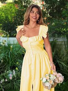 Flirla Plus Size Women Striped Print Ruffle Hem Maxi Dress - Yellow - View 4