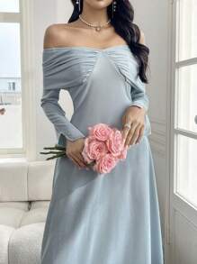 Modelyn Elegantes, schlichtes langärmliges Maxikleid mit Schulterausschnitt für Damen Einfarbig - Blau - Übersicht 6