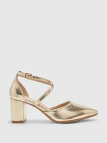 CUCCOO BIZCHIC 女士尖头交叉带粗跟优雅通勤简约金色金属仿皮浅口鞋，镂空时尚派对办公室正式基本百搭鞋 - 金色 - 查看 9