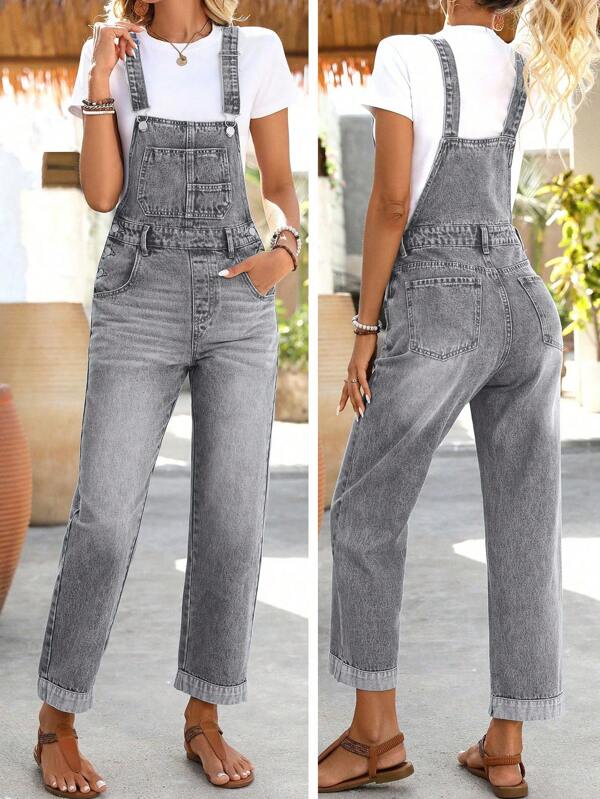 SHEIN LUNE Women's Solid Color Casual Sleeveless Jean Jumper Pants With Pockets