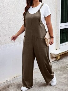Calvaya Plus Size Women's Solid Color Double Pocket Wide Leg Loose Strap Jumpsuit