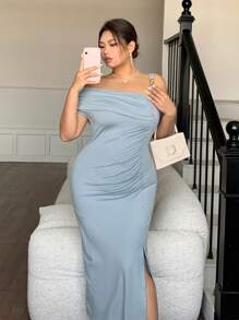 Dazy Plus Plus Size Asymmetrical Strapless Wrap Solid Color Maxi Slit Dress,Formal Women Dresses - Baby Blue - View 6