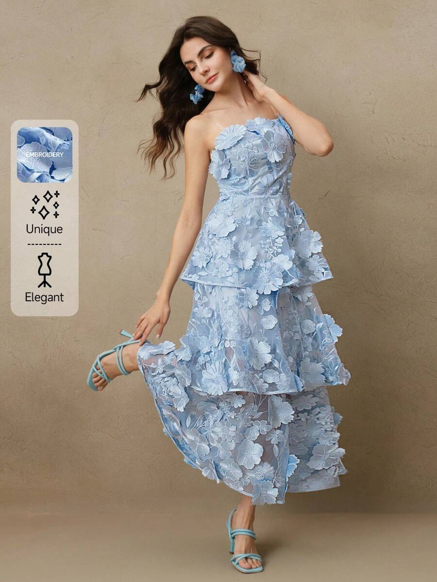 Anewsta 优雅长款露肩连衣裙，3D 花卉刺绣，蓝色蛋糕裙，奢华大气女士婚礼宾客礼服 - 藍色 - 查看 1