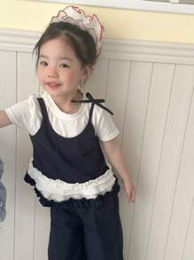 DAZY Young Girls Casual Round Neck 2 In 1 Ruffle Hem T-Shirt, Young Girls Summer Outfits - White - View 6