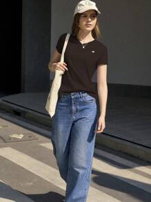 Jouncy Women Casual Star Print V-Neck Short Sleeve T-Shirt, Summer - Coffee Brown - View 4