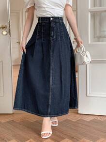 DAZY 女士休闲深色牛仔裙，春夏牛仔裙 - 藍色 - 查看 3