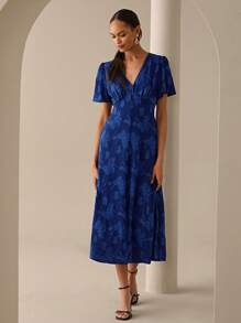 Lilora Váy midi tay bèo cổ chữ V họa tiết hoa jacquard dành cho nữ, thanh lịch mùa xuân/hè - Màu xanh hải quân - Xem 7