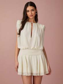 Enchnt 春夏浪漫女士白色荷叶边下摆无袖迷你连衣裙，甜美优雅，适合度假、约会、节日、派对、毕业典礼和婚礼宾客，女士夏装，女士太阳裙，夏装 - 杏色 - 查看 6