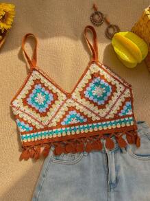 Skyraze Women Vintage Tassel Casual Knit Camisole, Boho Tops Women,Knit Floral Hollow Swimsuit Cover Up,  Summer Beach Vacation - Coffee Brown - View 2