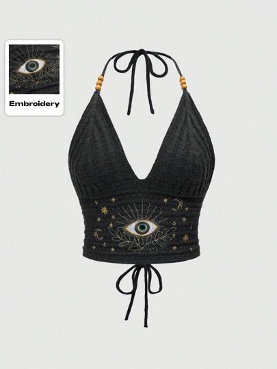 Hippie Women Summer Boho Style Chic Moon & Star Embroidery Knit Top, Green & Blue Colors