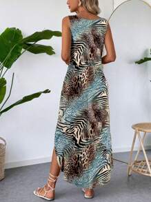 SHEIN LUNE Váy họa tiết da báo cỡ lớn thường ngày có dây đeo rộng và viền cong, phù hợp cho mùa xuân/hè, trang phục nghỉ dưỡng - Nhiều màu - Xem 2