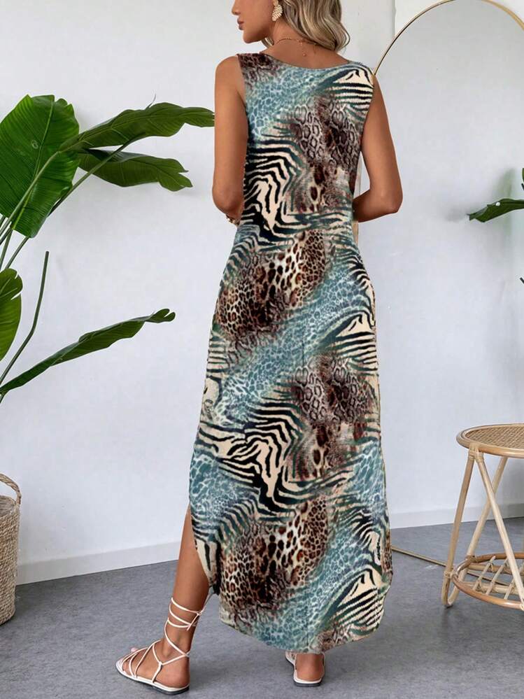 SHEIN LUNE Vestido informal de talla grande con estampado de leopardo, con tirantes anchos y dobladillo curvo, adecuado para primavera/verano, ropa de resort - Multicolor - Añade 2