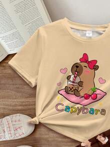 SHEIN Leap Crew 女童可爱水豚和卡通心形蝴蝶结印花休闲简约短袖 T 恤和裤子家居服，适合夏季 - 彩色 - 查看 4