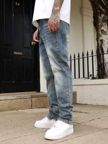 Manfinity Homme Men's Casual Washed Tapered Leg Jeans Urban Street Hang Out - Medium Wash - View 3