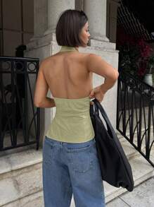 Siren Gaze 女式系带镂空修身吊带背心上衣、开衩衬衫短款上衣 - 綠色 - 查看 2