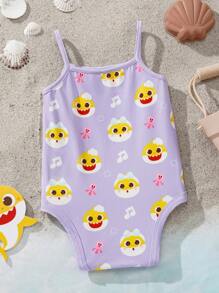 BABY SHARK X SHEIN Baby Girl Cute Shark Print Cami Bodysuit - Purple - View 2