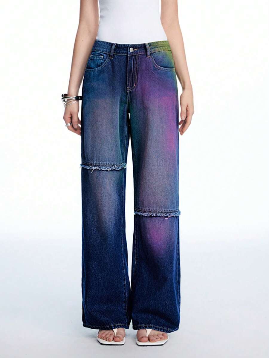 LYSMO Women's Pocketed Frayed Hem Wide Leg Loose Jeans - Dark Wash - View 1