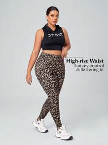 SHEIN Essnce Plus Size Women Leopard Print Soft & Stretchy Denim Leggings, Summer - Brown - View 6