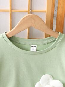 SHEIN Tween Girls Round Neck Short Sleeve T-Shirt With 3D Floral Decorative Collar
