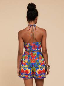 Travachic 2pcs Women Set: Printed Halter Crop Top & High Waist Loose Shorts,Summer Outfits For Women,Beachwear,Easter,Beach Outfits For Woman,Spring Break,Vacation Outfits Women,Concert Outfit Women,BOHO,Music Festival,Tropical Vacation Woman Clothes,Romantic